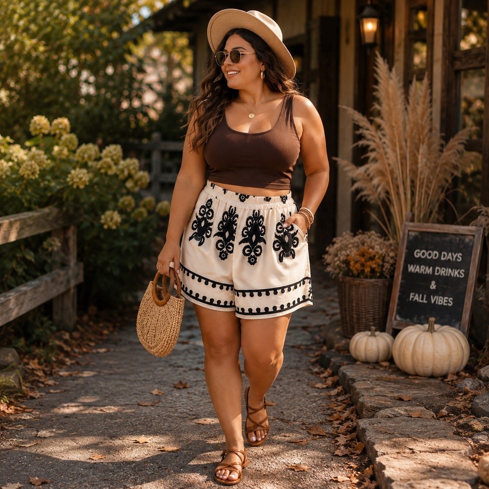 Boho Embroidered Print High Waist Shorts Cream Black Elastic Waist Pockets Plus